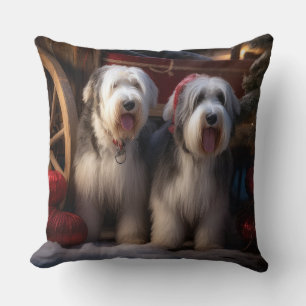 Coussin Vieux anglais Cheepdog Snowy Sleigh Décor de Noël