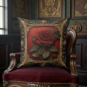 Coussin Vieux Noir Victorien avec Rose Rouge