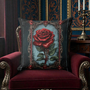 Coussin Vieux Noir Victorien avec Rose Rouge