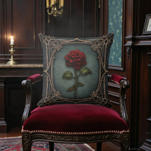 Coussin Vieux Noir Victorien avec Rose Rouge