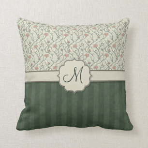 Coussin Vignes florales, rayures et monogramme d'aquarelle