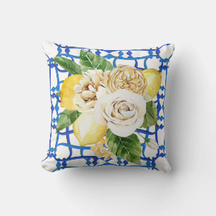 Coussin Villa italienne citron et tuile bleue rose