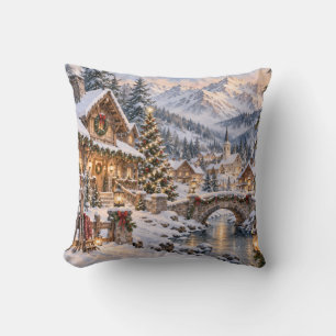Coussin Village alpin de Noël, scène hivernale