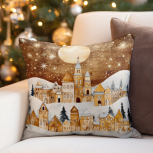 Coussin Village couvert de neige Vintage dorée