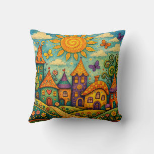 Coussin Village de Conte de Fées Fantaisiste sur Toile Col