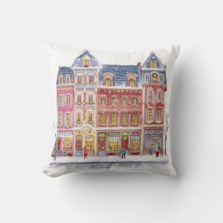 Coussin Village de Noël hivernal à l'aquarelle