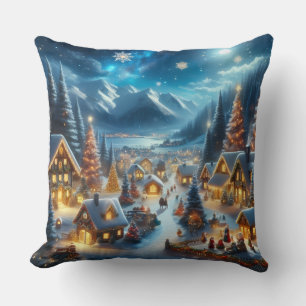 Coussin Village de Noël magique sous la neige et la lumièr