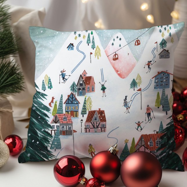 Coussin Village de patinage nordique (Cute Nordic skating Village Throw Pillow)