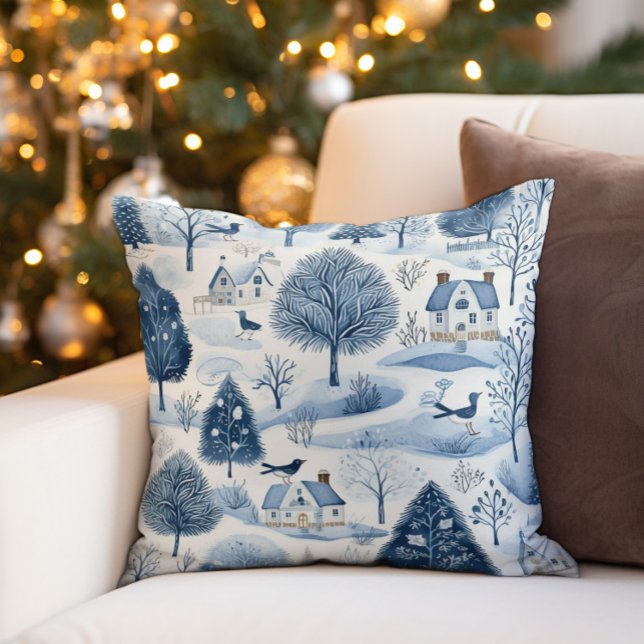 Coussin Village d'hiver bleu vintage (Decorator pillow with an old vintage winter village covered in snow)