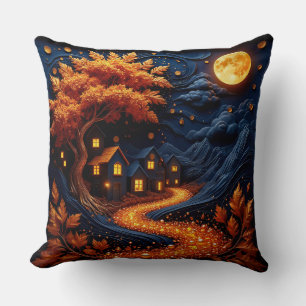 Coussin Village Enchanté sous la Lune avec Feuilles d'Auto
