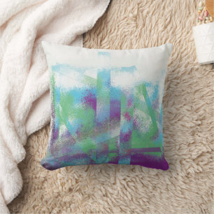 Coussin Ville bleue Abstraite à l'aube, vert violet