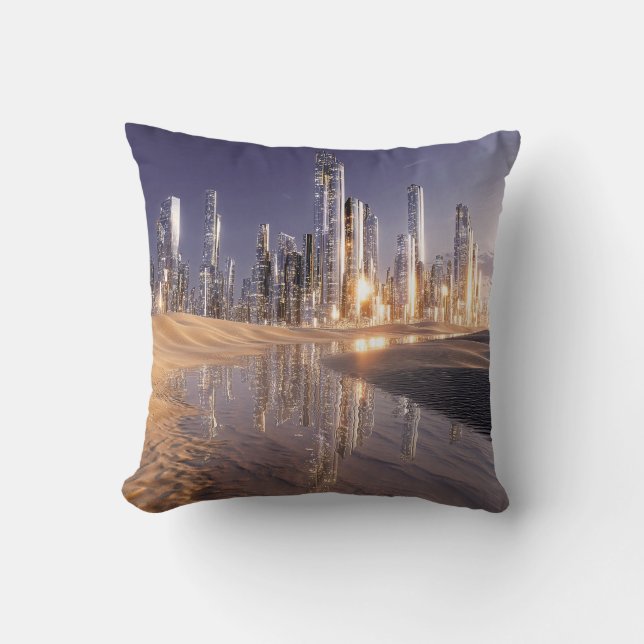 Coussin Ville de science-fiction futuriste reflétée dans l (Recto)