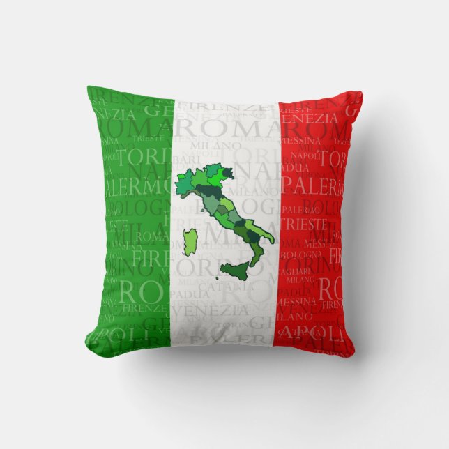 Coussin Villes, carte, et drapeau de l'Italie (Recto)