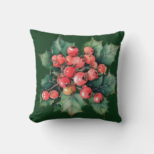 Coussin Vintage aquarelle rouge houx baies