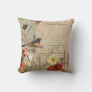 Coussin Vintage automne Folid Floral Oiseau Nid Bleu Orang