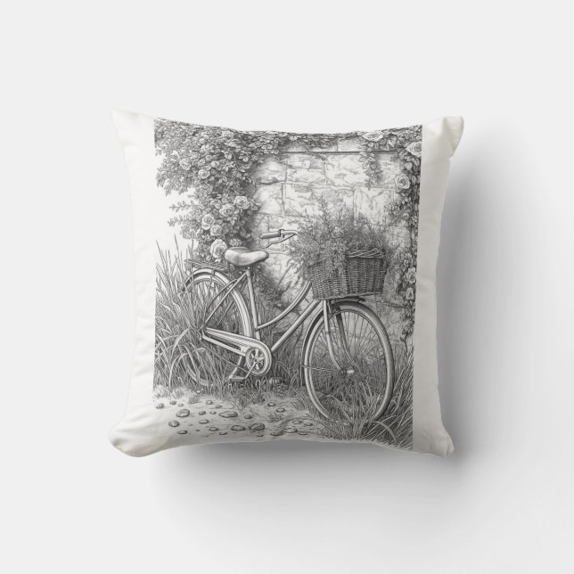 Coussin Vintage Bicycle & Garden Roses Ink Art Pillow (Recto)