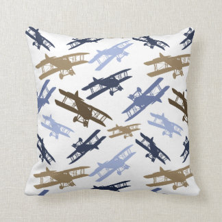 Coussin Vintage Biplane Motif d'avion bleu Brown