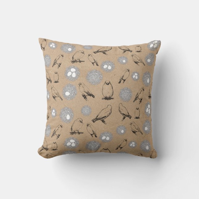 Coussin Vintage Birds & Nid Rustic Kraft Brown (Recto)