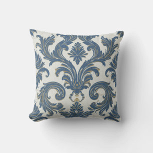 Coussin Vintage Bleu et or Baroque Damas
