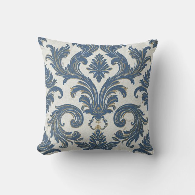 Coussin Vintage Bleu et or Baroque Damas (Recto)