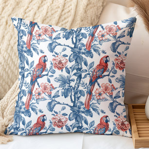Coussin Vintage bleu et rouge Parrot et Fleur en chinoiser