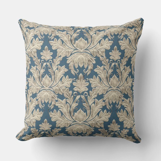 Coussin Vintage Bleu Rustique Élégant Bois Damas (Recto)