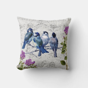 Coussin Vintage Blue Birds, Purple Flowers, Sheet Music