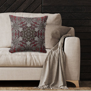 Coussin vintage bohème bordeaux rouge gris noir motif