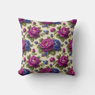 Coussin Vintage Botanique Rustique Violet & Bleu Floral
