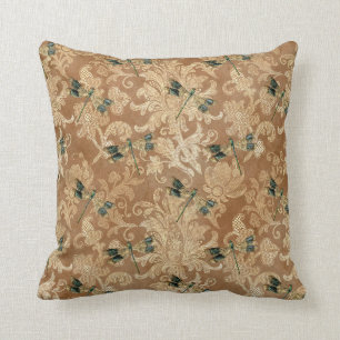 Coussin Vintage Brown Damask Floral Green Dragonflies