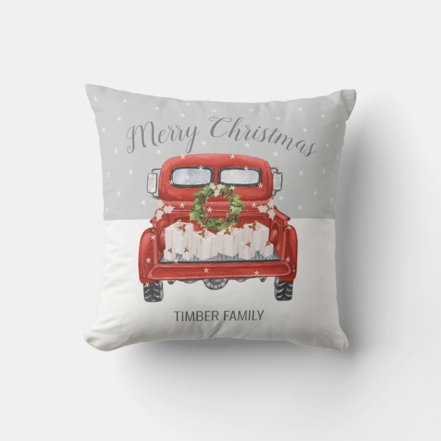 Coussin Vintage Camion rouge gris blanc Noël (Recto)