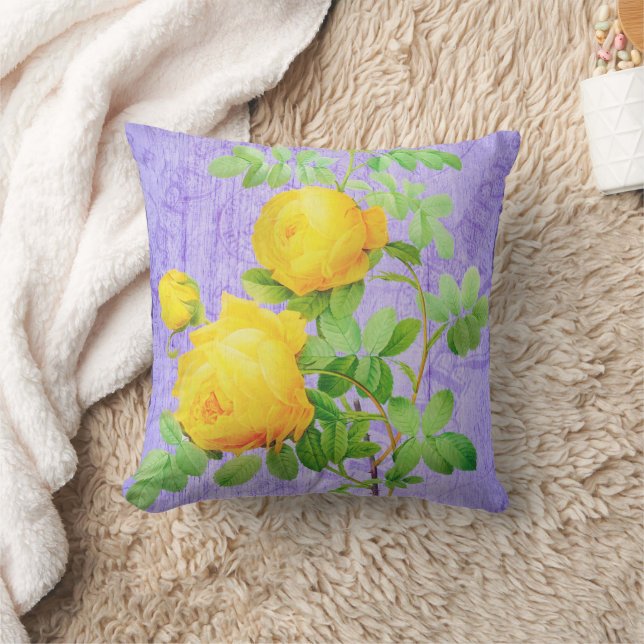Coussin Vintage Chic Roses Jaunes Shabby Sur Lilac (Couverture)
