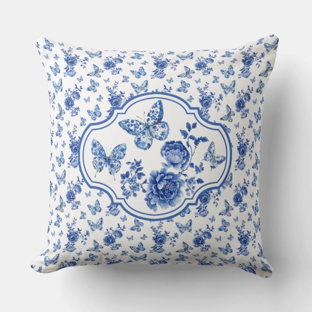 Coussin Vintage Chinoiserie Bleu Blanc Papillons Fleurs (Recto)