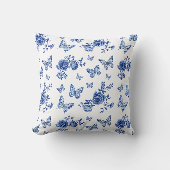 Coussin Vintage Chinoiserie Bleu Blanc Papillons Fleurs (Recto)