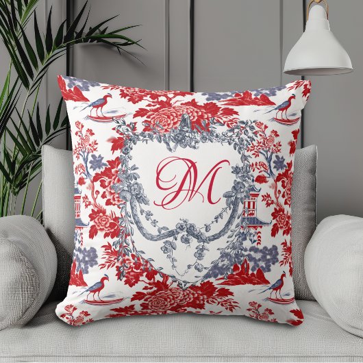 Coussin Vintage Chinoiserie Delft Français rouge bleu mono