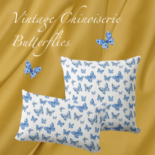 Coussin Vintage Chinoiserie Papillons bleus Damas dénaturé