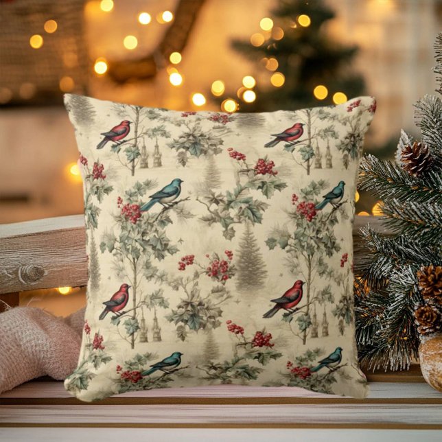 Coussin Vintage Christmas Blue Jay Red Mockingbird (Créateur téléchargé)