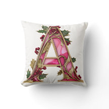 Vintage Christmas Pink Gold Holly Monogram A