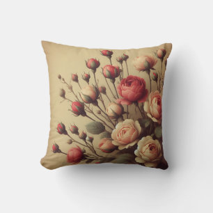 Coussin Vintage Coral Buds Roses Classic Floral