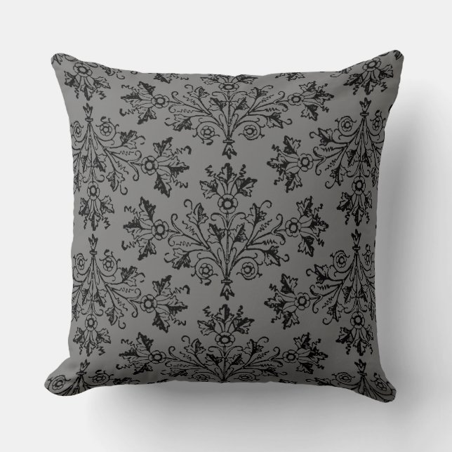 Coussin Vintage Damask Daisy Floral Black Grey (Recto)