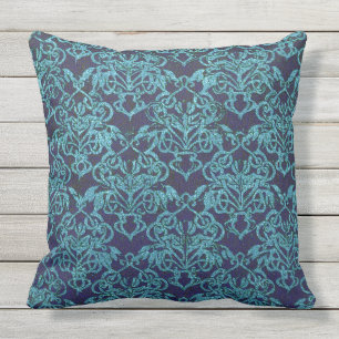 Coussin vintage, damassé, bleu, floral, motif, turquoise, 