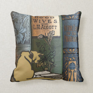 Coussin vintage d'art de livre de lecture de chat