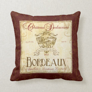 Coussin vintage d'art d'étiquette de vin français