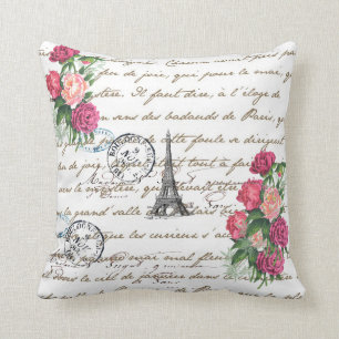 Coussin vintage de Paris de roses de Tour Eiffel
