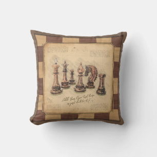 Coussin Vintage échiquier et pièces d'échecs, cadeau du jo