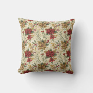 Coussin Vintage Elegant Rouge & Or Poinsettia Floral
