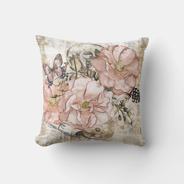 Coussin Vintage Ephémère Rustique rose Floral (Recto)