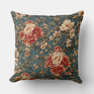 Coussin Vintage Exquis Blanc et Fleurs Rouges Corail Luxur