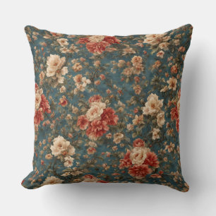 Coussin Vintage Exquis Blanc et Fleurs Rouges Corail Luxur