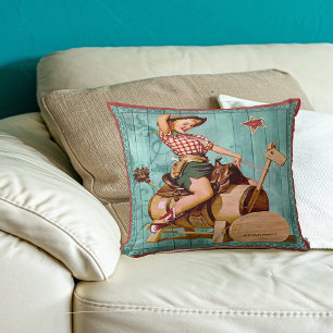 Coussin Vintage Femme Occidentale Sur Cheval En Bois